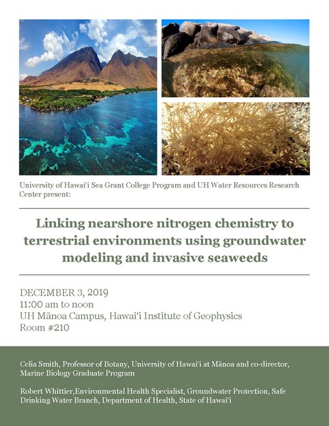 Poster for Linking nearshore nitrogen chemistry to terrestrial environments using groundwater modeling and invasive seaweeds. Decmeber 3, 2019, 11-noon in HIG 210
