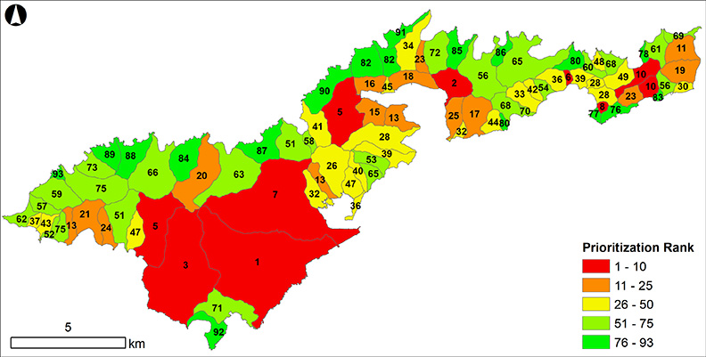 Map showing impact prioritization ranking for each watershed on Tutuila, American Samoa. The measure of impact uses coastal loading of dissolved inorganic nitrogen rates as a proxy. Impact in each watershed is calculated as an index score.