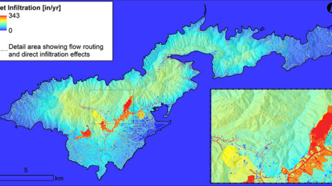 Illustration of present day model calculated average-annual groundwater recharge at 20 m cell-size resolution. Inset map shows detail of 1) flow routing effects, seen as higher recharge squares at the bottom of drainage channels, 2) direct infiltration from leaking water lines, seen as linear zones of higher infiltration, and 3) MFR zones seen as larger patches of high- infiltration.