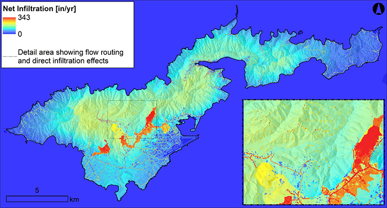 Illustration of present day model calculated average-annual groundwater recharge at 20 m cell-size resolution. Inset map shows detail of 1) flow routing effects, seen as higher recharge squares at the bottom of drainage channels, 2) direct infiltration from leaking water lines, seen as linear zones of higher infiltration, and 3) MFR zones seen as larger patches of high- infiltration.