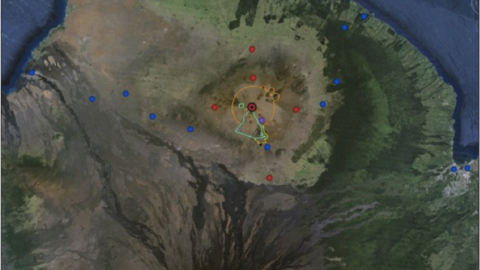 University management boundaries and areas surrounding Maunakea. Blue dots indicate existing weather stations including rain gages. Red dots indicate possible sites for new stations.