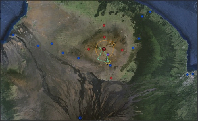 University management boundaries and areas surrounding Maunakea. Blue dots indicate existing weather stations including rain gages. Red dots indicate possible sites for new stations.