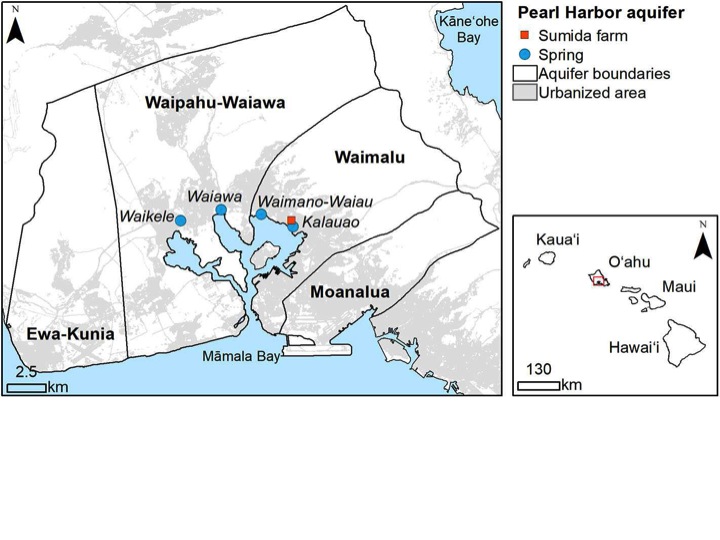 Figure 1. Location of four (sub-) aquifer units (Ewa-Kunia, Waipahu-Waiawa, Waimalu, and Moanalua), Sumida Farm (within Kalauao spring complex) and other coastal springs situated in the Pearl Harbor aquifer of O‘ahu (from Burnett et al. 2020).