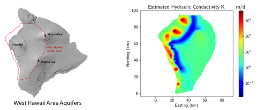 the extend of modeling area (left) and its estimated hydraulic conductivity distribution (right)