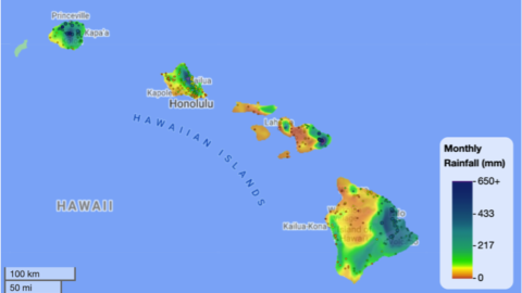 Figure 1. Sample digital monthly rainfall map (December 2019) automatically produced in near real time from telemetered raingage data.